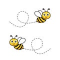 Cartoon bee icon set. Bees flying on a dotted route. Animal happy character. Royalty Free Stock Photo